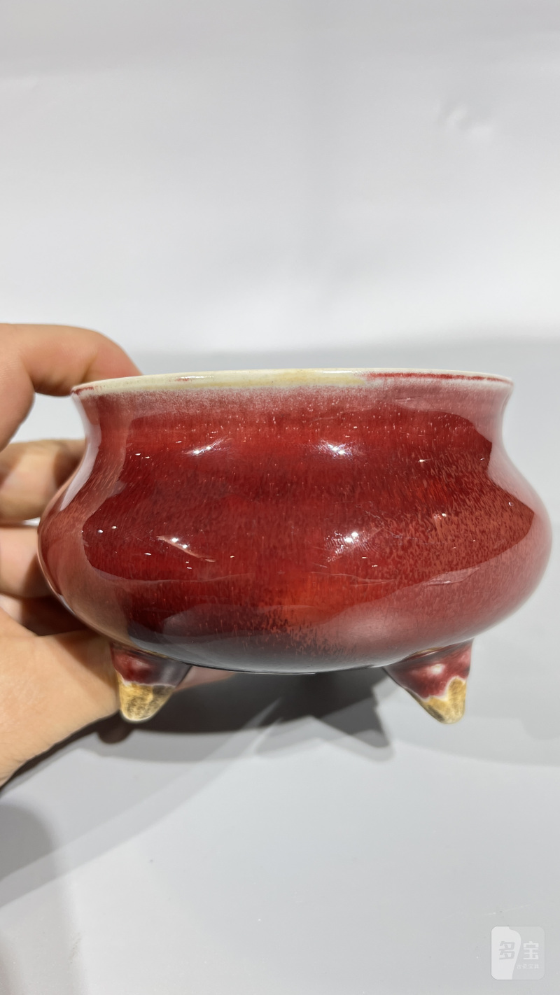 清康熙 郎红釉三足炉 - 图6